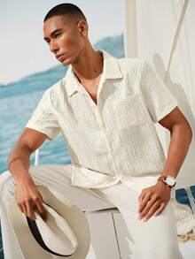 VENTUSAIL Men's Solid Color Short Sleeve Single-Breasted Casual Pocket Shirt - Beige - View 5