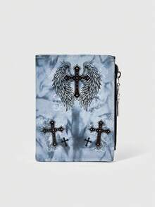 ROMWE 1Pc Gothic Dark Neutral Wallet Feather Cross Creative Design Pattern Punk Cross Zipper Change Bag, Gray Casual Fashion Card Bag - Grey cross - View 1