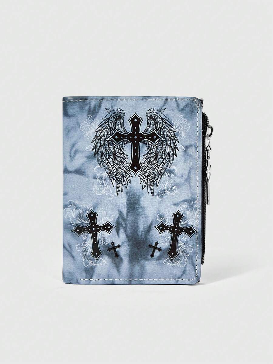 ROMWE 1Pc Gothic Dark Neutral Wallet Feather Cross Creative Design Pattern Punk Cross Zipper Change Bag, Gray Casual Fashion Card Bag - Grey cross - View 1