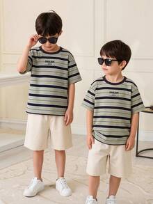2pcs/Set Young Boys' Casual Striped Print Round Neck Short Sleeve T-Shirt And Solid Color Shorts,Comfortable Versatile Summer Outfit For School Daily - Khaki - View 6