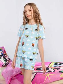 THE POWERPUFF GIRLS X SHEIN 少女卡通印花圓領短袖上衣與短褲休閒日常居家睡衣套裝 - 淺藍色 - 查看 8