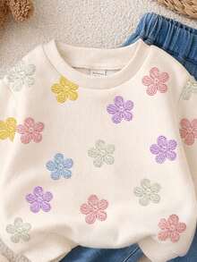 奶油白可愛甜美刺繡花卉圖案女嬰休閒極簡厚實柔軟舒適圓領套頭運動衫，適合秋冬日常穿著，秋季氛圍、冬季時尚、南瓜季、萬聖節 - 彩色 - 查看 4