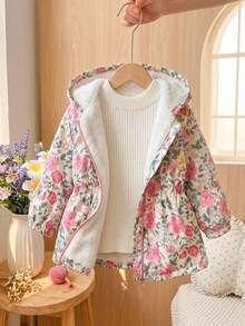 SHEIN 女嬰可愛花卉圖案保暖內裡連帽夾克，適合秋冬穿著 - 彩色 - 查看 6
