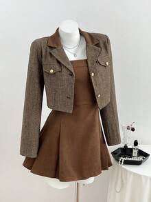 Elamini Women's Elegant Pleated Bandeau Dress And Button Cropped Long Sleeve Blazer Suit Set - Brown - View 9