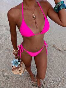 Swim Mod Women's Solid Color Halter Neck Bikini Set, Summer Vacation Beach - Hot Pink - View 1