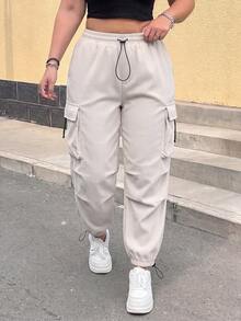 POPSWAY Plus Size Women's Casual Solid Color Multi-Pocket Drawstring Cargo Pants - Apricot - View 3