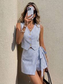 Serisse Women's Casual Vest And Shorts Set, Striped Set, Commuting, Daily, Summer Clothing, Street Style, Suitable For Daily Commuting, Dating, Gathering, Autumn/Winter, Summer, Party, Wedding, Beach, Graduation Ceremony, Elegant, Casual, Outing, Y2K, Music Festival Outfit, Holiday Clothing, Back To School Outfit - Multicolor - View 3