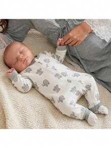 SHEIN Newborn Baby Girl Casual Cute Knitted Cartoon Pattern Long Sleeve Home Wear Romper - Grey - View 10