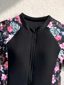SHEIN Sparklyn 青少年女孩熱帶印花拼接短袖連身泳衣，適合海灘、度假、玩耍、沙灘、夏季 - 彩色 - 查看 3