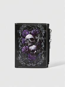 ROMWE Goth 1個哥德式暗色中性骷髏玫瑰創意圖案龐克十字拉鍊零錢包，休閒時尚卡包 - 黑色骷髏 - 查看 1