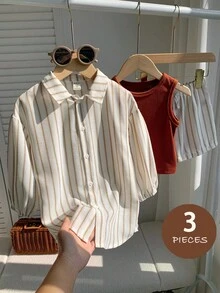 SHEIN Young Girl Striped Single-Breasted Jacket, Solid Color Tank Top And Shorts Set - Multicolor - View 5