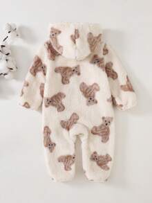Cozy Pixies 女嬰卡通動物圖案抓絨內裡加厚連帽拉鍊長袖連身衣，適合冬季 - 杏色 - 查看 2