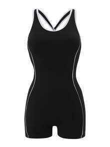 Sirith Jumpsuit Olahraga Wanita Warna Solid Hitam & Putih Kontras Leher Bulat Besar dengan Detail Silang di Belakang - Hitam - View 7