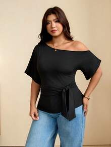 Edennvi Camiseta de talla grande de unicolor minimalista con hombro asimétrico, lazo y fruncido para uso diario - Negro - Ver 6