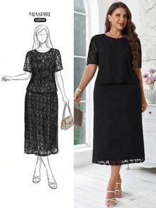 Miaspire Plus Size Women's Summer Elegant Casual Lace Blouse And Skirt 2-Piece Set, Black - Black - View 12