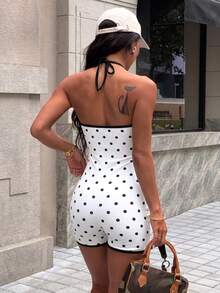 SHEIN Sports Ruched Halter Polka Dot Sports Bodysuit Contrast Trim Romper For Fitness Cycling Gym Workout - Multicolor - View 6