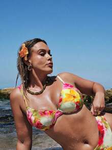 SHEIN BAE 大尺碼女款夏季海灘花卉印花性感時尚比基尼兩件式泳衣套裝 - 彩色 - 查看 5