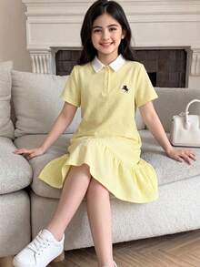 SHEIN Tween女孩編織黃色拼色對比襯衫領休閒荷葉邊洋裝 - 藍色 - 查看 7