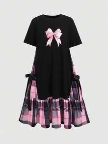 SHEIN 兒童青少年女孩度假休閒針織粉色格紋蝴蝶結裝飾短袖寬鬆A字洋裝，黑色洋裝，日常穿著，返校季 - 黑色 - 查看 7