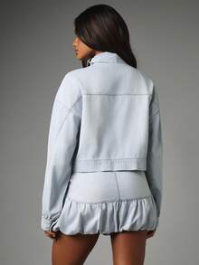 MISSGUIDED Cropped Denim Jacket With Funnel Collar Balloon Sleeves Zip Closure Oversized Fit Spring Summer - Light Wash - View 6