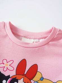 THE POWERPUFF GIRLS X SHEIN Baby Girl Round Neck Cartoon Pattern Pleated T-Shirt And Long Pants Casual Daily Outfit Set - Pink - View 3