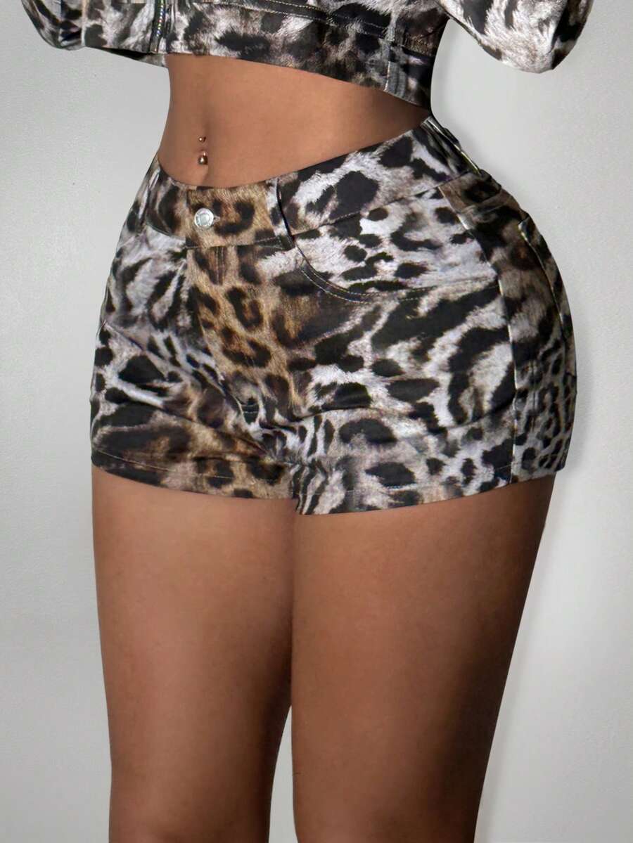 SHEIN ICON Y2k Y2k Women's Going Out Leopard Print Button Pocket Fashion Versatile Daily Casual Shorts - Multicolor - View 1