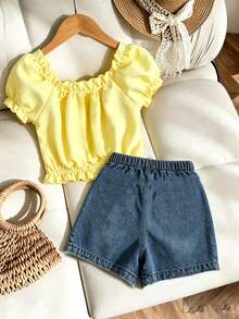 Genkimix Kids Young Girls Solid Color Ruffle Bow Decor Short Sleeve Top And Denim Shorts 2-Piece Set - Yellow - View 3