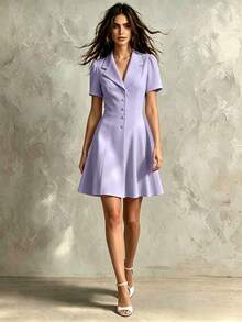 Franclia Solid Color Lapel Flare Hem Dress - Mauve Purple - View 1