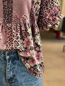 NostaNoir Plus Size Women's Leopard Print Floral Pattern Summer Blouse - Multicolor - View 3
