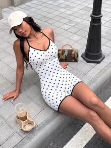 SHEIN Sports Ruched Halter Polka Dot Sports Bodysuit Contrast Trim Romper For Fitness Cycling Gym Workout - Multicolor - View 7
