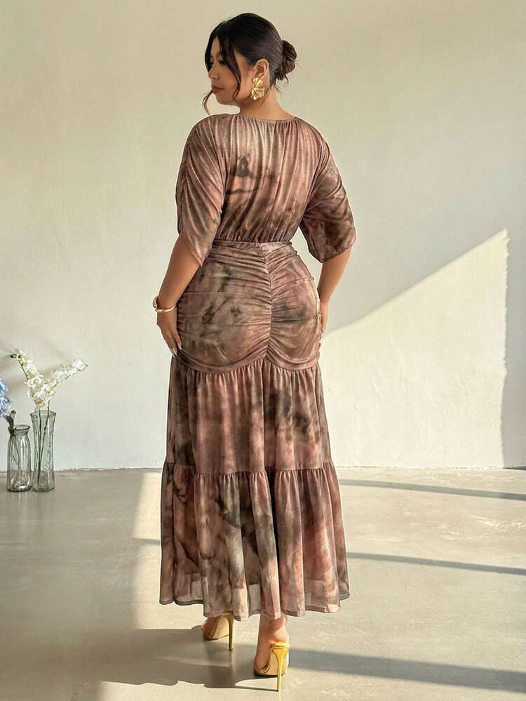 Firerie Plus Size Women's Elegant Minimalist Sophisticated Romantic Fashion St. Patrick's Day Vacation Party Daily Abstract Green Print Long Sleeve Dress - Brown - View 6