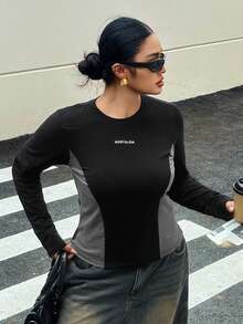Dazy Plus Letter Print Colorblock Slim Fit Long Sleeve Casual Street Style Spring Autumn T-Shirt - Black - View 1