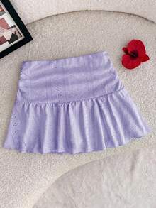 Tween Girl Tween Girls Purple Knitted Casual Vacation Home Versatile Hollow Texture Ruched A-Line Low Waist Mini Skirt, Suitable For All Seasons - Purple - View 3