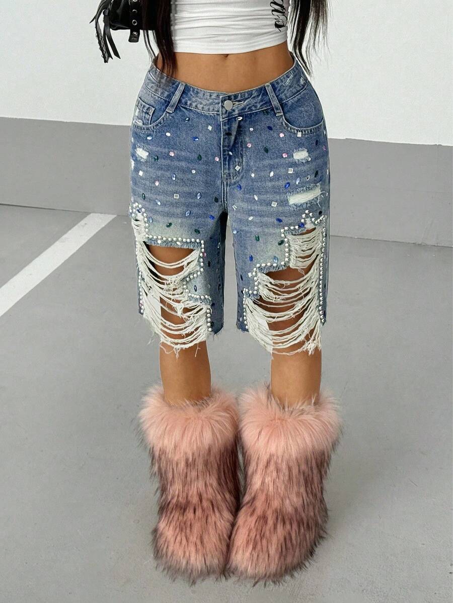 StreetHx Shorts vaqueros con strass desgastados estilo Y2K - Azul lavado medio - Ver 1