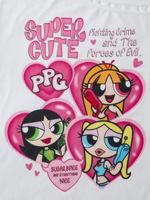THE POWERPUFF GIRLS X SHEIN Women's Letter Cartoon Print Asymmetric Shoulder T-Shirt - White - View 7