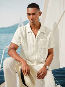 VENTUSAIL Men's Solid Color Short Sleeve Single-Breasted Casual Pocket Shirt - Beige - View 3