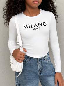 SHEIN Tween Girl Letter Graphic Cropped Crew Neck Long Sleeve Tight T-Shirt, Suitable For Spring, Autumn And Winter - White - View 2