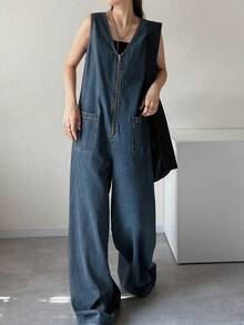 Dazy Tall Women's V-Neck Loose Urban Casual Jumpsuit - Medium Wash - View 5