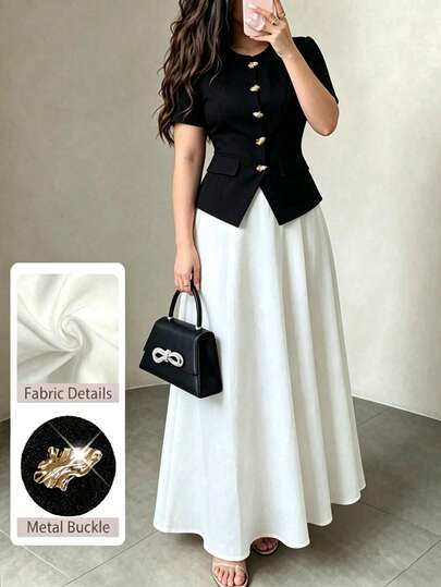 Modelyn Round Neck Metal Button Top Black White Contrast Color Flared Skirt Elegant 2-Piece Set Evening Summer