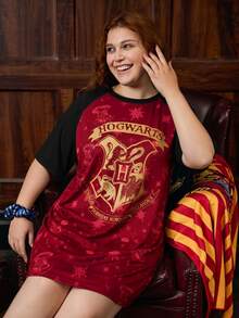 HARRY POTTER X SHEIN 大尺碼字母印花對比色圓領短袖睡裙，舒適百搭 - 紅色 - 查看 5