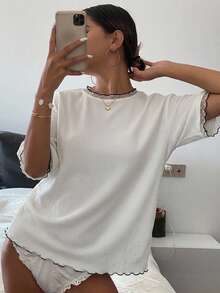 FRIFUL Women's Wavy Striped Loose Contrast Trim Short Sleeve T-Shirt, Summer Casual Wear - White - View 8