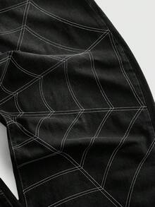 ROMWE MEN 男士寬鬆弧形腿牛仔褲，附蜘蛛網刺繡 - 黑色 - 查看 2