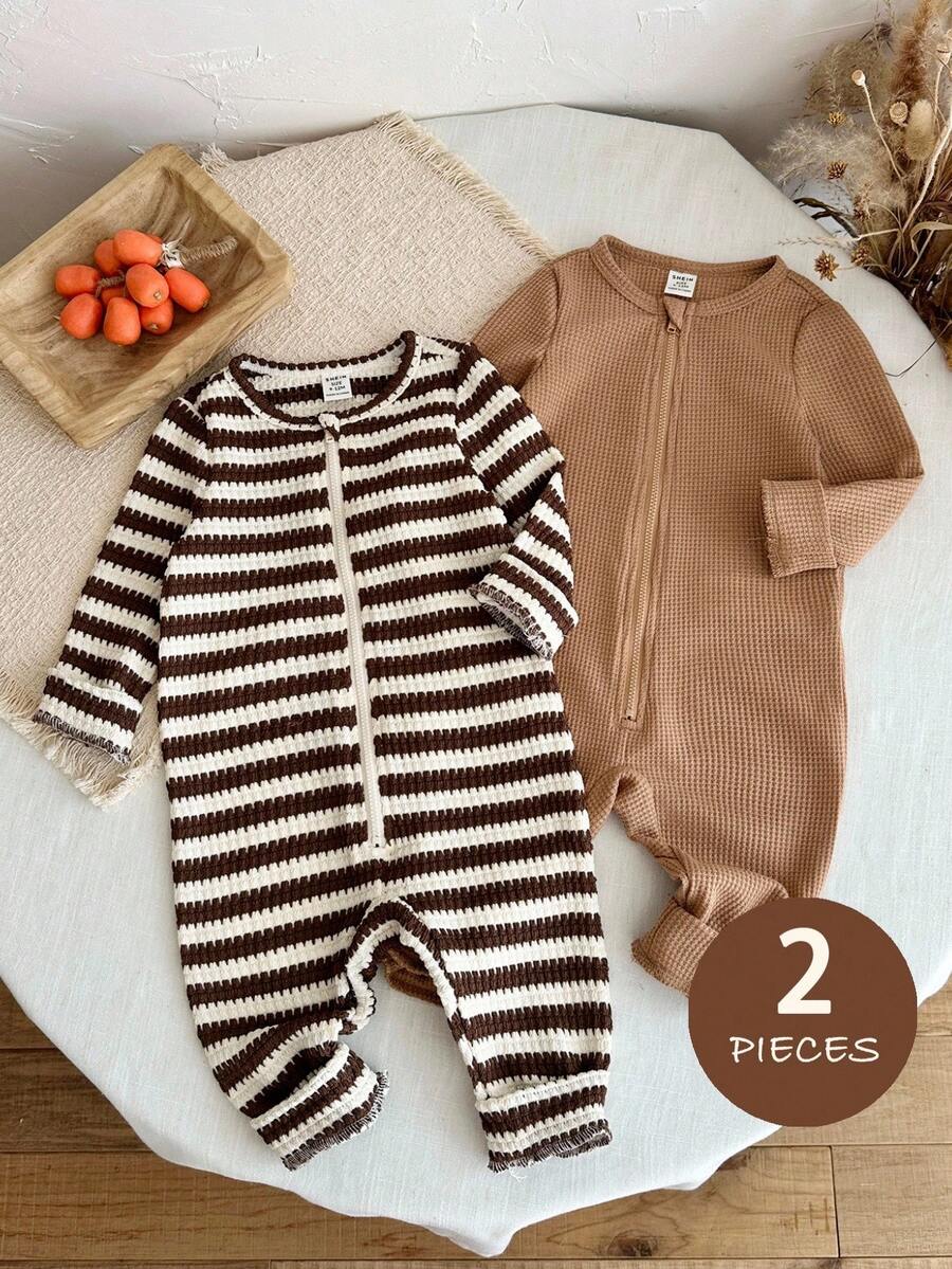 SHEIN Baby Girl Knit Solid Color Striped Round Neck Casual Romper 2-Piece Set - Multicolor - View 1