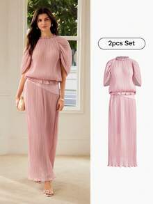 MOTF PREMIUM WOMEN'S ELEGANT PLEATED TOP AND SKIRT 2 PIECES SET - Pink - View 1