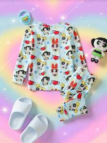 THE POWERPUFF GIRLS X SHEIN 女嬰可愛卡通印花長袖上衣與內搭褲家居服套裝 - 藍色 - 查看 2
