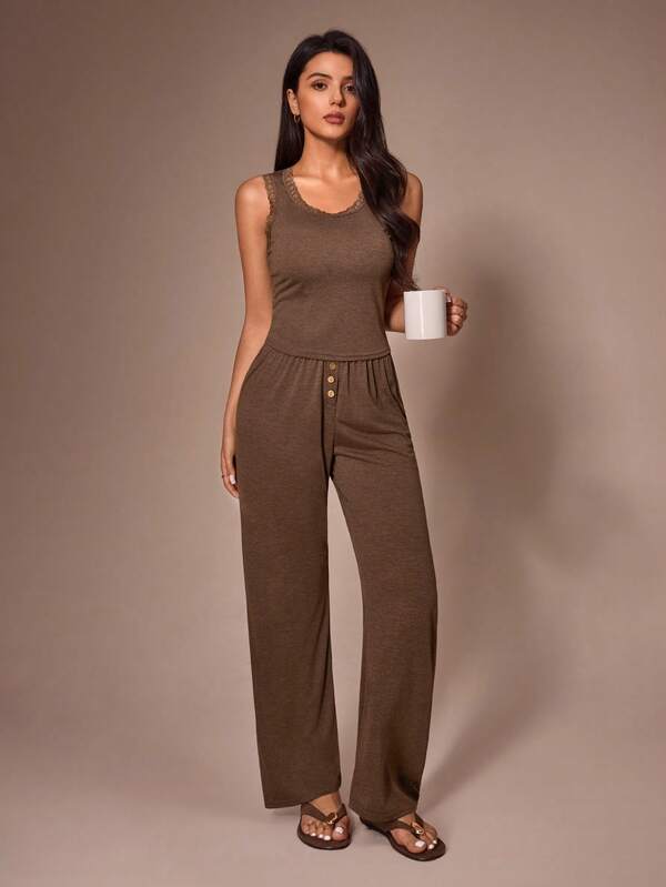 Lazeform Lace Patchwork Women's Casual Pajama Loungewear Set
