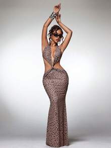 Normani Women's Fashion Sexy Backless Halter Neck Cover-Up Dress Bathing Suit Swimsuits - Brown - View 3