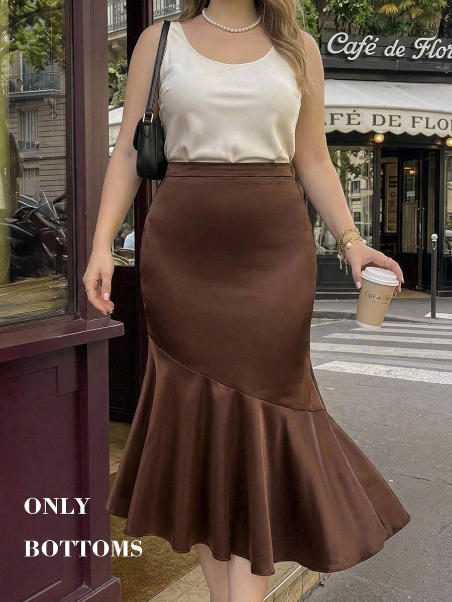 SHEIN MOD 四季穿著 日常與派對穿著 時尚純色拼接緞面修身不對稱下擺魚尾大碼女款裙 - 棕色 - 查看 1