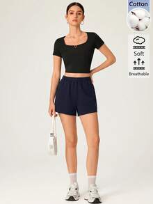 SHEIN BASICS 女款戶外休閒基礎款鬆緊腰短褲 夏季居家工作休閒褲 海軍藍 - 藏蓝色 - 查看 8
