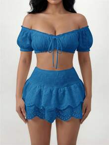 SHEIN SXY 女款法式性感短版鏤空刺繡綁帶上衣 - 藍色 - 查看 4
